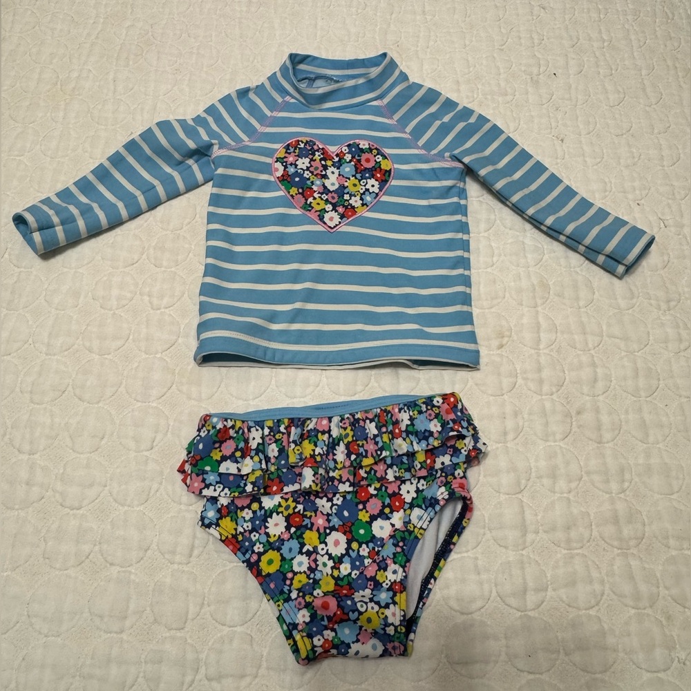Baby Boden Girls Blue White Striped Swim Set - size 6-9 Months
